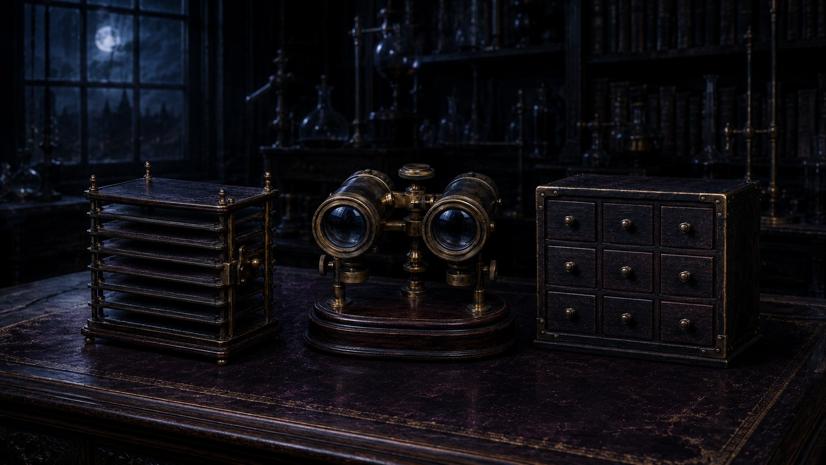 Three antique instruments on a Victorian laboratory workbench by moonlight